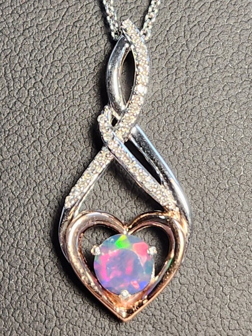 VID! One of a Kind Ethiopian Fire Opal Diamond 10K Rose Gold 925 Heart Necklace